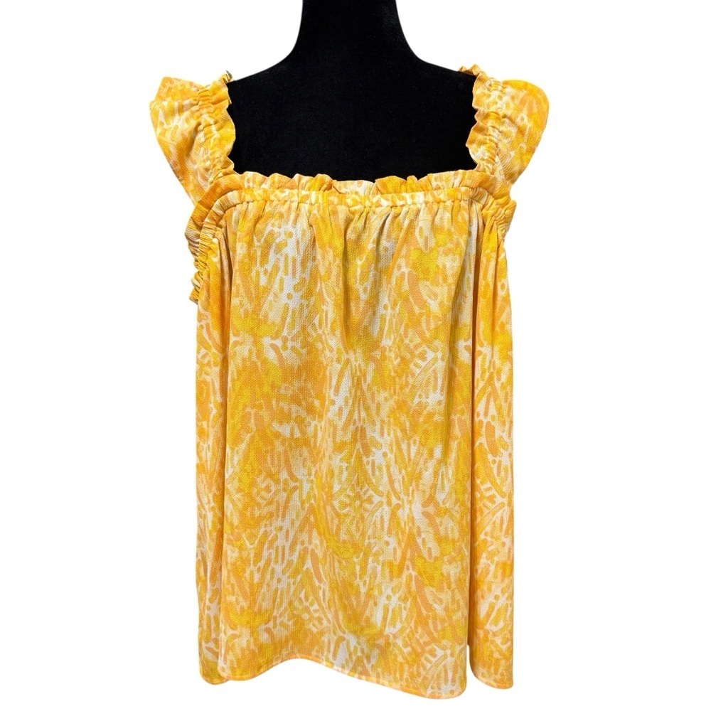 LuLaRoe Ruffle Strap Tank Top Yellow Abstract Print Blouse 2XL